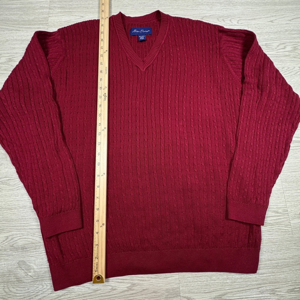 Alan Flusser Men's Sweater V-Neck Burgundy Red Large 100% Cotton Cable Knit - Picture 2 of 6